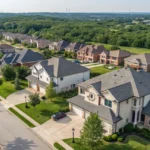 Aerial overhead view of residential neighborhood with multiple family homes sharing addresses, diverse households living toge