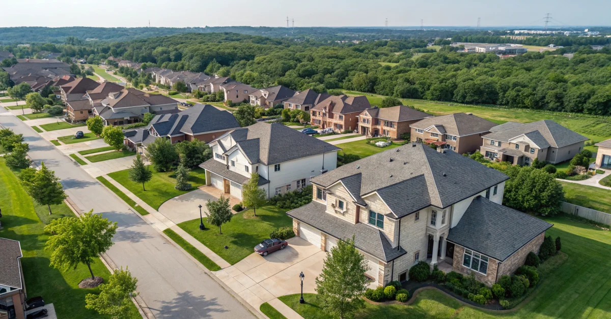 Aerial overhead view of residential neighborhood with multiple family homes sharing addresses, diverse households living toge