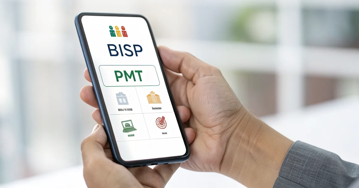 BISP eligibility check on mobile phone screen displaying PMT score results and CNIC verification portal interface, modern sma
