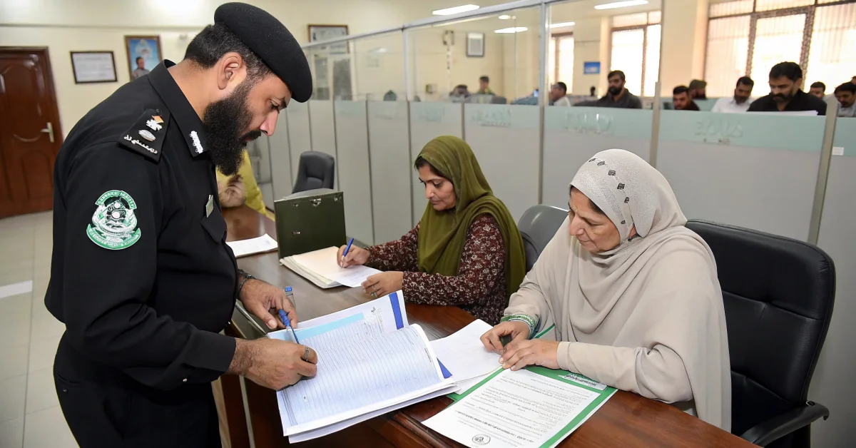 BISP officer meeting with household member at registration center, NADRA office interior with documentation, citizens receivi