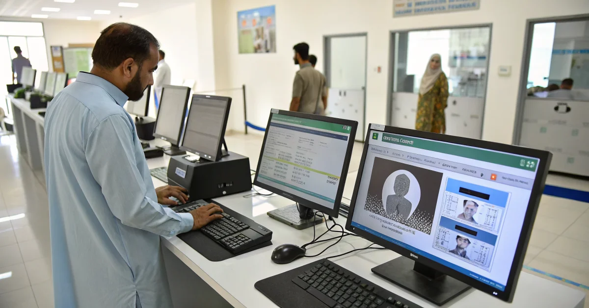 BISP welfare benefit distribution center showing fingerprint biometric verification system, NADRA cross-checking process with