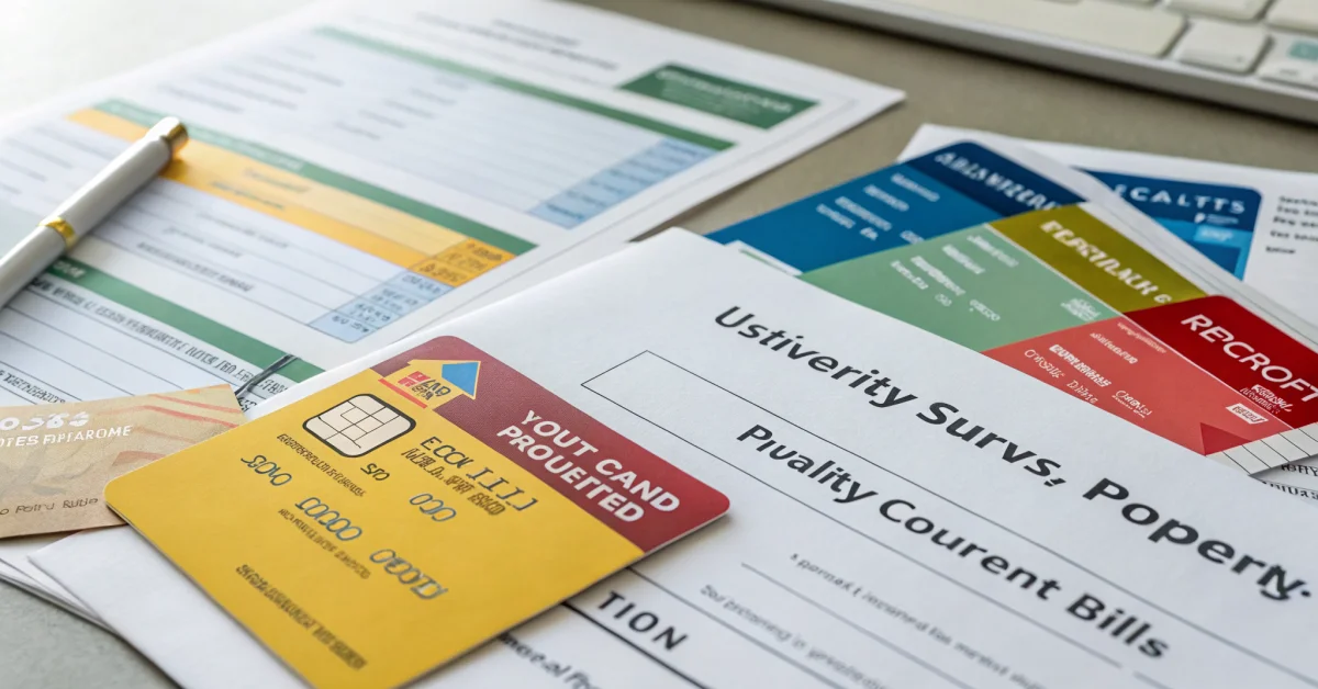 Close-up of CNIC card, household documents, utility bills, and property papers laid out on table, organized records for PMT s