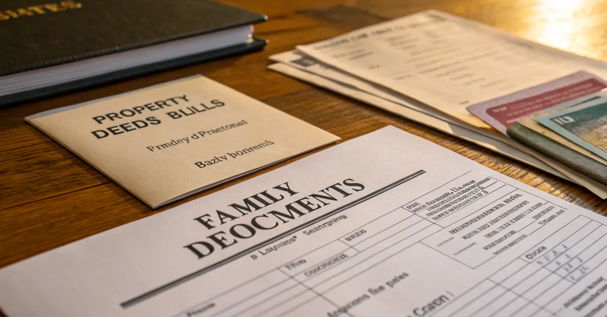 Close-up of family documents including identity cards, property deeds, utility bills, and bank statements arranged on wooden 