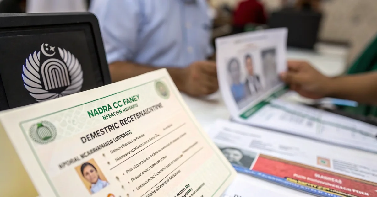 Close-up of NADRA CNIC and Family Registration Certificate with biometric verification fingerprint scanner in background, pro
