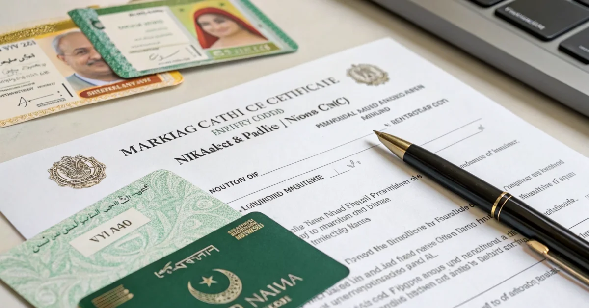 Close-up of Pakistani marriage certificate (Nikah Nama) and NADRA CNIC cards on desk with pen, professional office setting, o