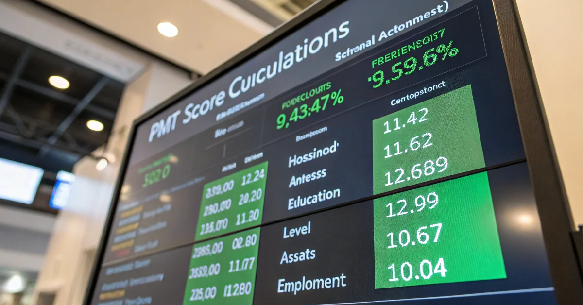 Close-up of PMT score calculation showing various socioeconomic factors like household size, assets, education level, employm