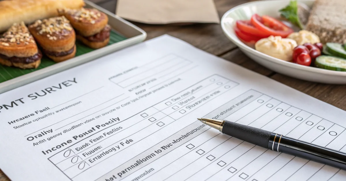 Close-up of PMT survey form with checkboxes, income fields, family details sections, documents and pen, organized paperwork f