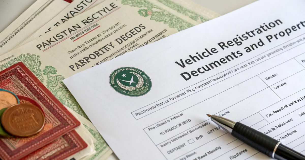 Close-up of vehicle registration documents and property deeds spread on table, overhead shot, Pakistani administrative record