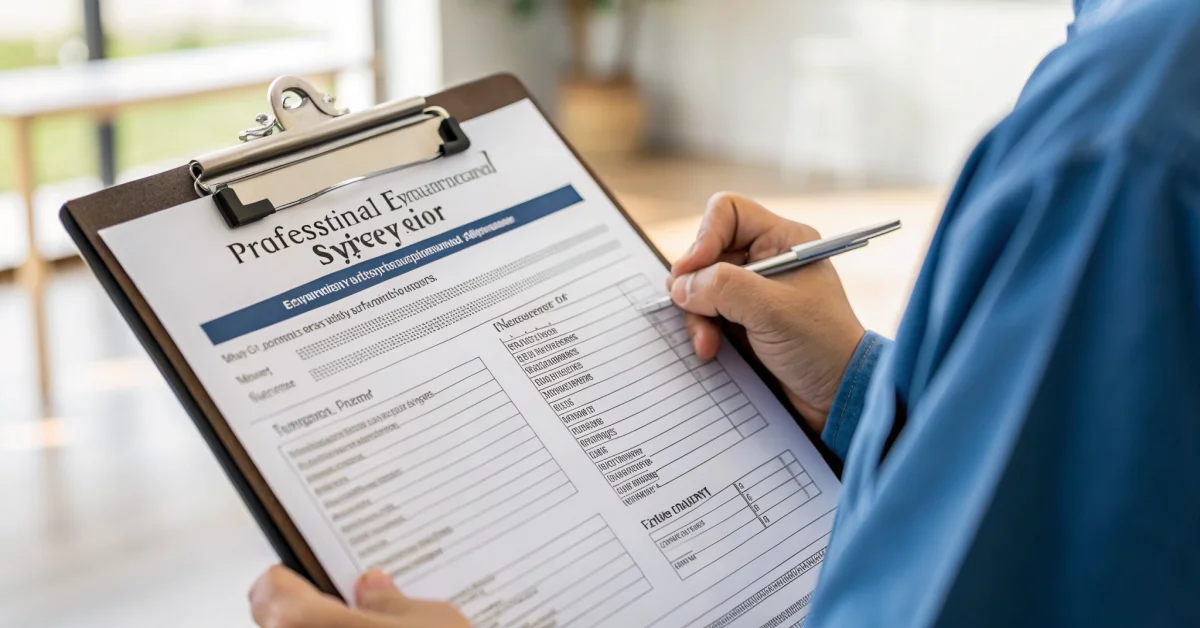 Close-up survey enumerator clipboard with PMT assessment form, household head interview documentation, family information che