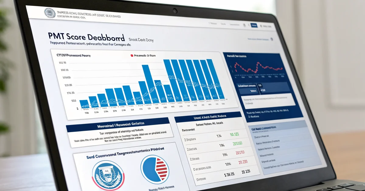 Computer screen displaying PMT score dashboard and NSER data entry form, official government portal interface, charts showing