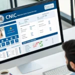 Digital dashboard showing NADRA CNIC database interface with PMT score calculation metrics, national identity verification sy