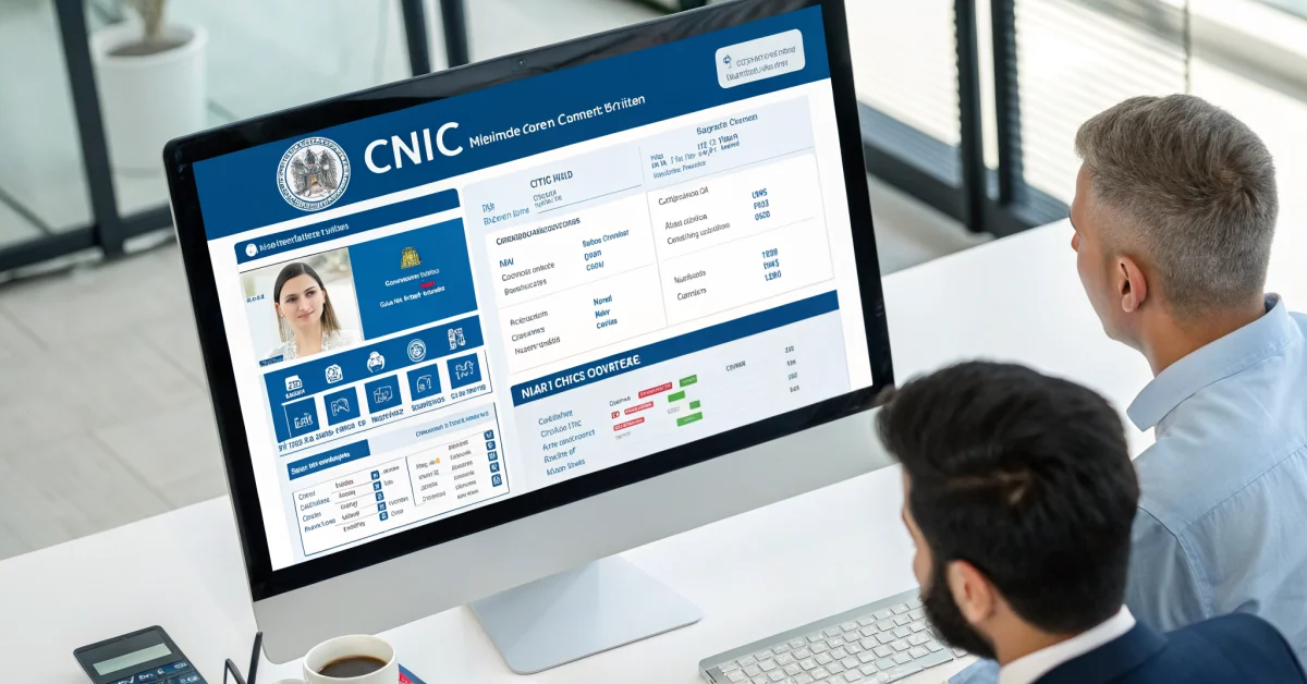 Digital dashboard showing NADRA CNIC database interface with PMT score calculation metrics, national identity verification sy