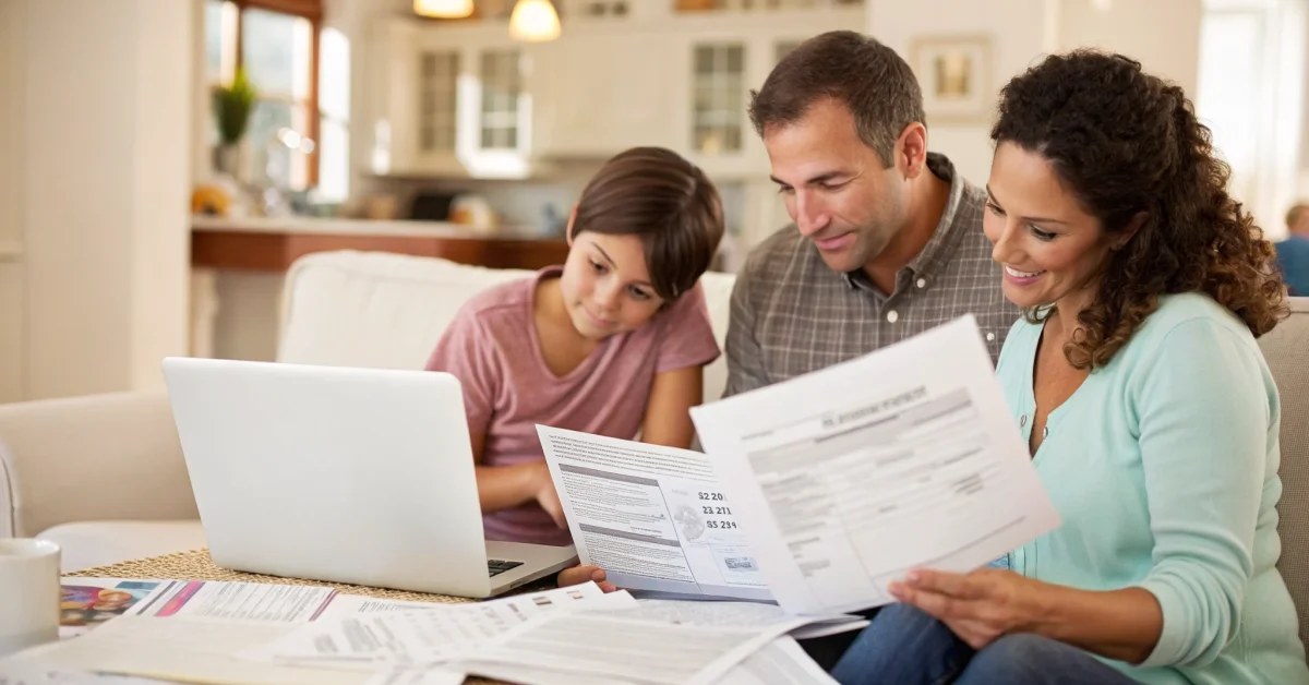 Family reviewing government assistance program documents and forms at home, CNIC and household information visible, financial