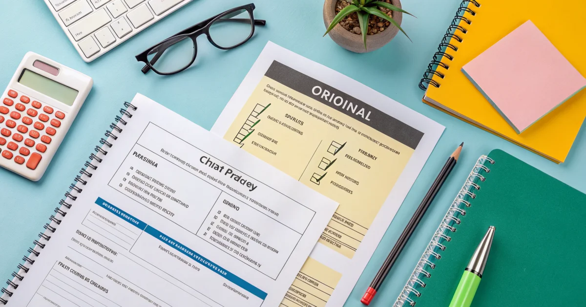 Flat lay of essential PMT survey documents: original CNIC, photocopies, utility bills, rent agreement, all properly organized