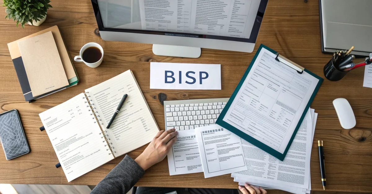 Government office desk with computer, documents, and BISP application forms spread out, overhead view, professional setting w
