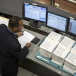 Government official reviewing household documents and data records at desk, computer screens visible, administrative office s