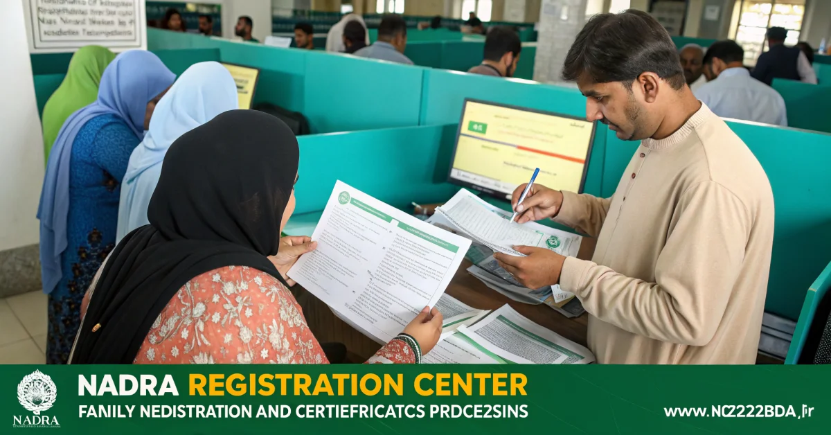 NADRA registration center with citizens queuing for CNIC updates and family registration certificate processing, showing docu