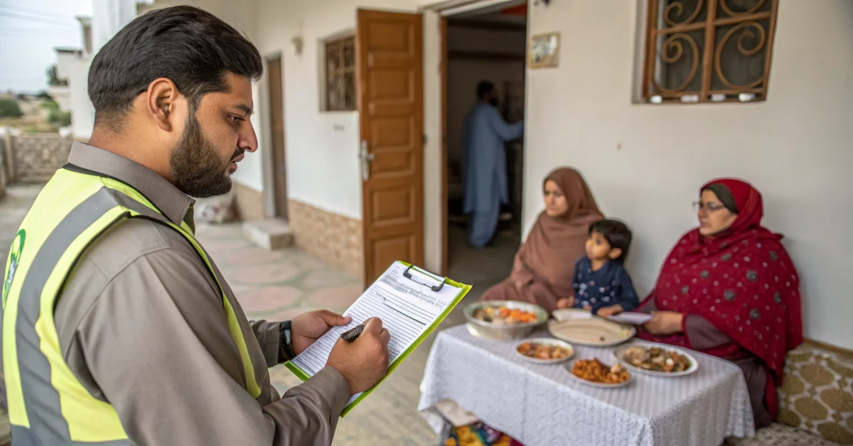 NSER field surveyor conducting door-to-door household verification interview in Pakistani community, surveyor holding questio