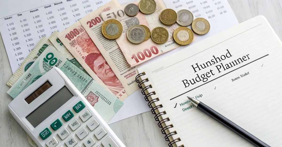Pakistani currency notes and coins next to calculator and household budget ledger on desk, financial planning concept, overhe