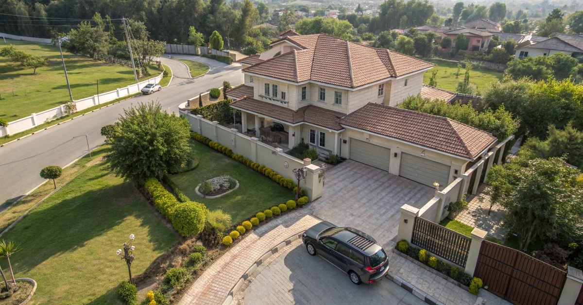 Pakistani family home with car parked outside, showing house property assets, aerial view landscape composition, sunny daylig