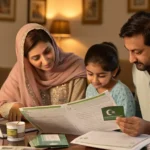 Pakistani family reviewing documents at home with CNIC cards and government forms on table, warm lighting, illustrating house