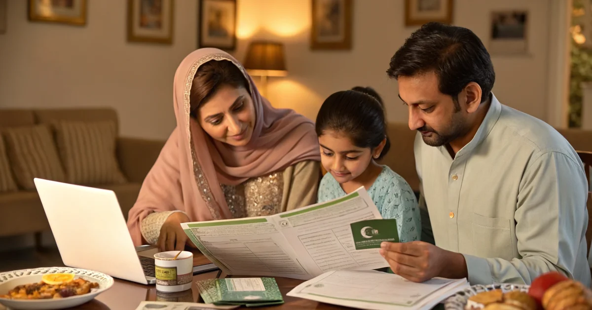 Pakistani family reviewing documents at home with CNIC cards and government forms on table, warm lighting, illustrating house