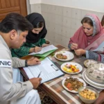 Pakistani family sitting together in modest home, government official taking survey notes, CNIC visible on table, household a