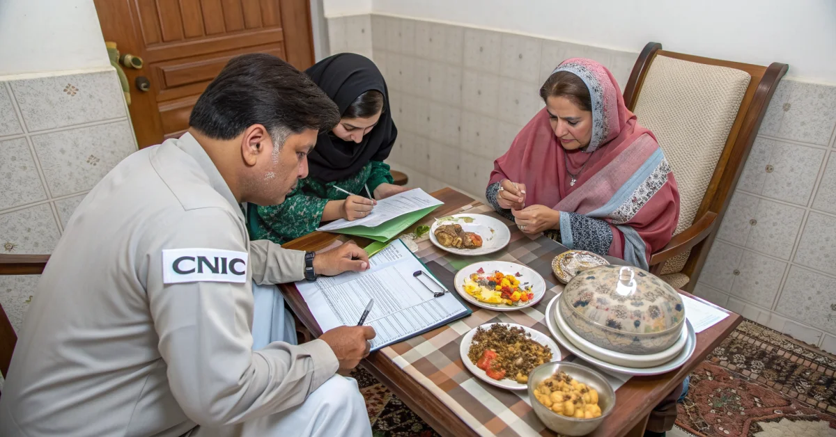 Pakistani family sitting together in modest home, government official taking survey notes, CNIC visible on table, household a