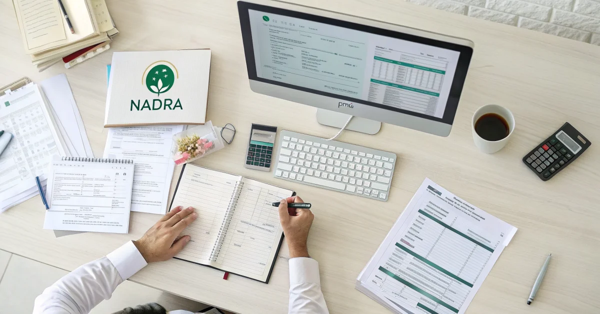 Pakistani government office with NADRA database system, official documentation, PMT score verification screens, neutral profe