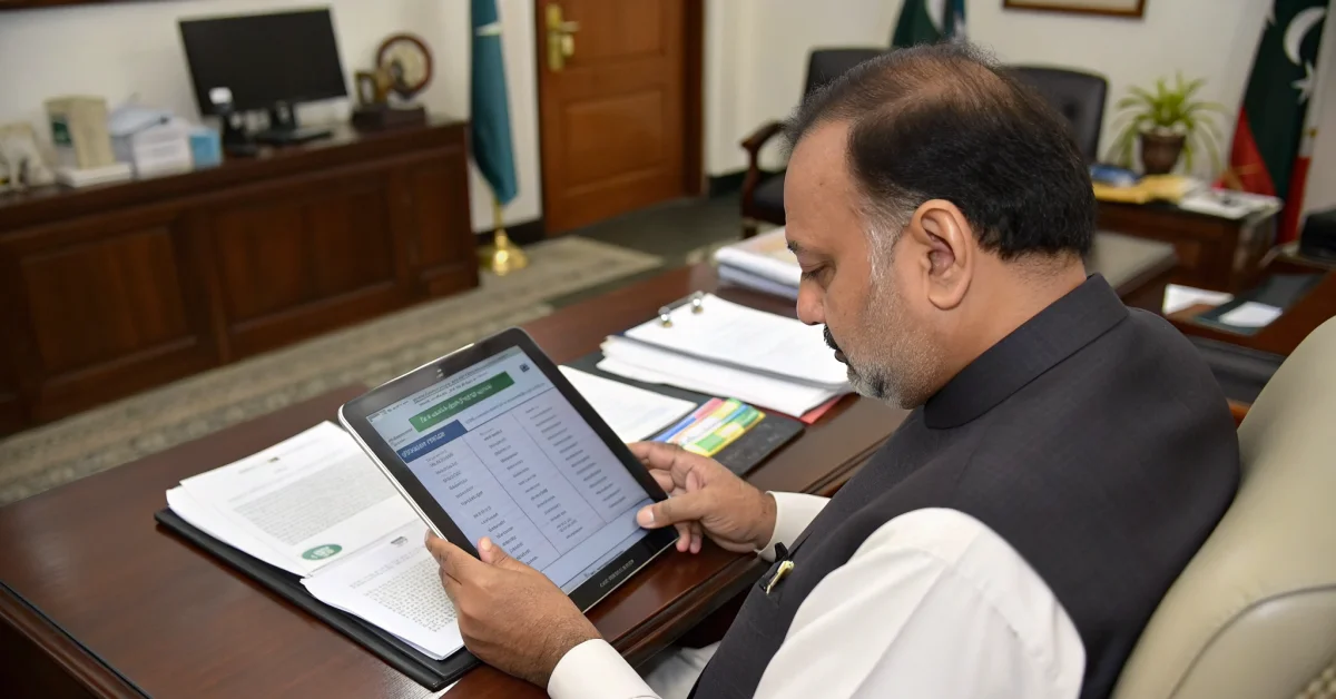 Pakistani government official reviewing household socioeconomic survey data on tablet computer, NSER administration office, d