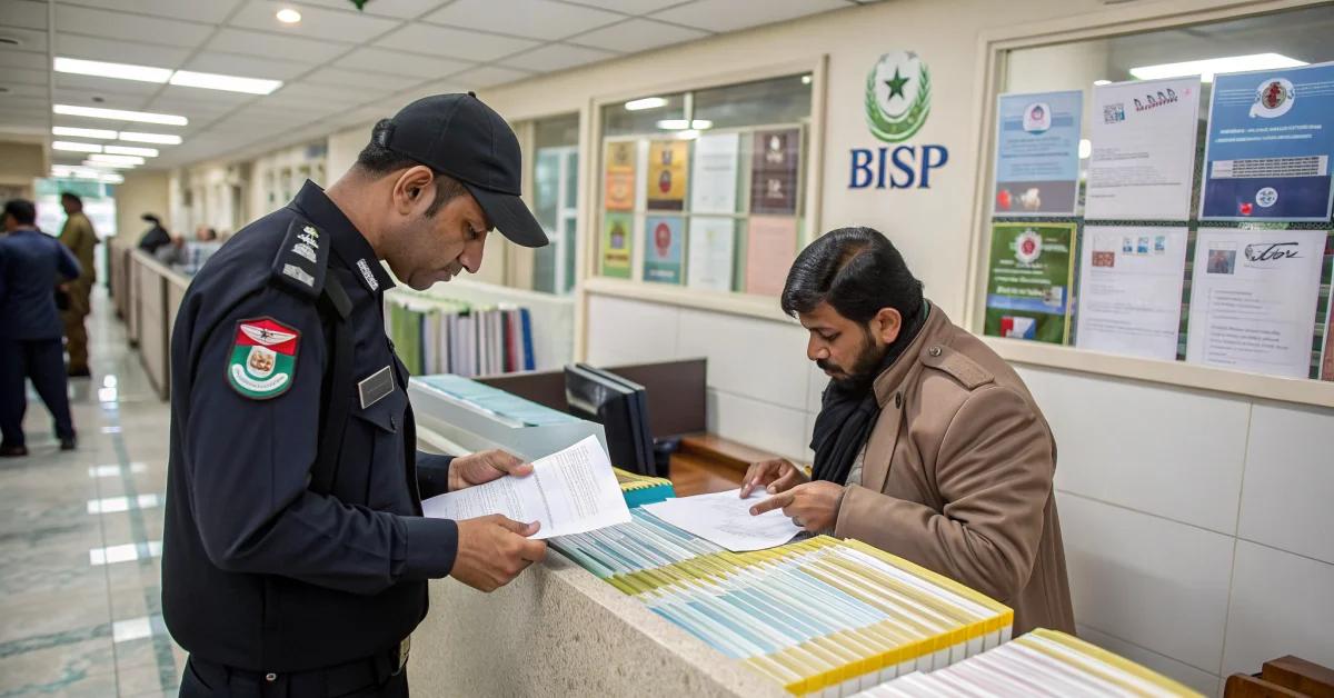 Pakistani government welfare office interior with officer helping citizen with documents, showing BISP program information po