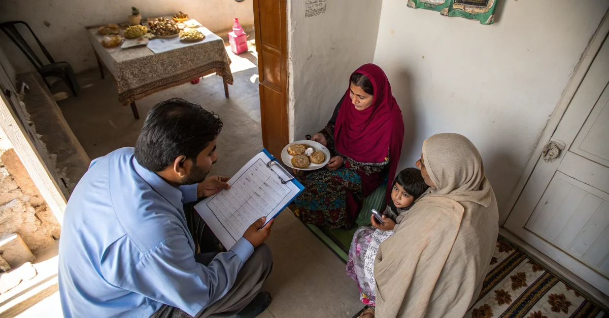 Pakistani household survey enumerator with clipboard interviewing family in modest home, formal documentation process, wide a