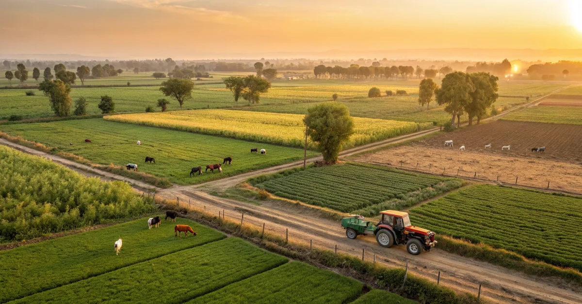 Pakistani rural farm landscape with livestock cattle, agricultural land, tractor in field, wide angle view, golden hour light