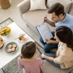 PMT survey enumerator conducting household interview with family in living room, clipboard and documents on table, overhead v