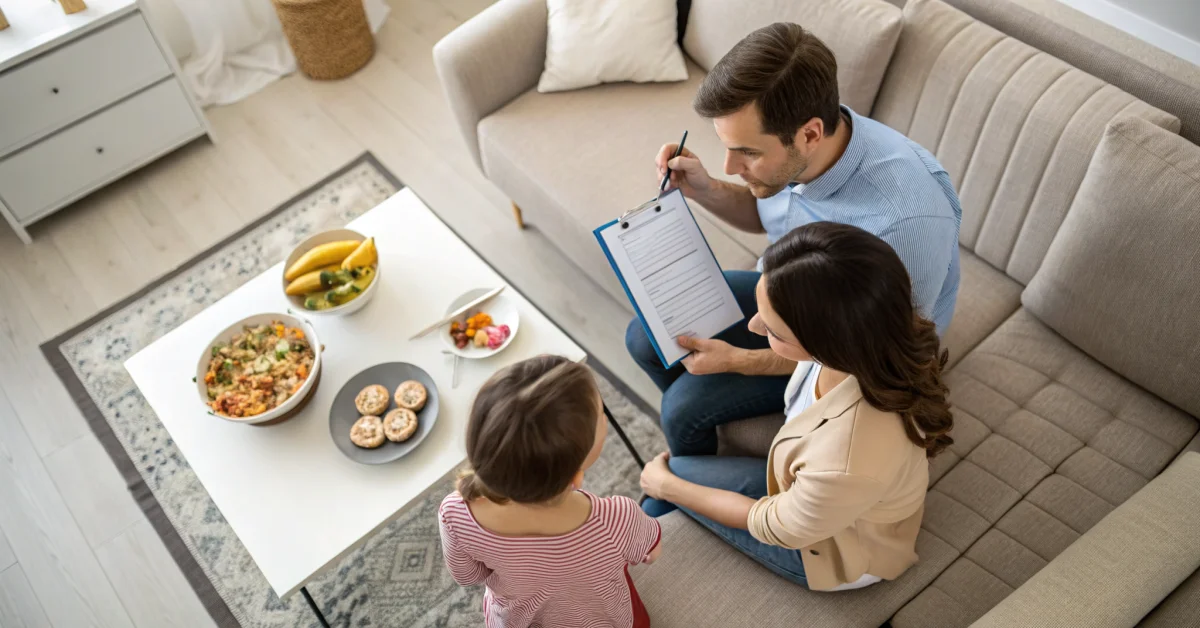 PMT survey enumerator conducting household interview with family in living room, clipboard and documents on table, overhead v