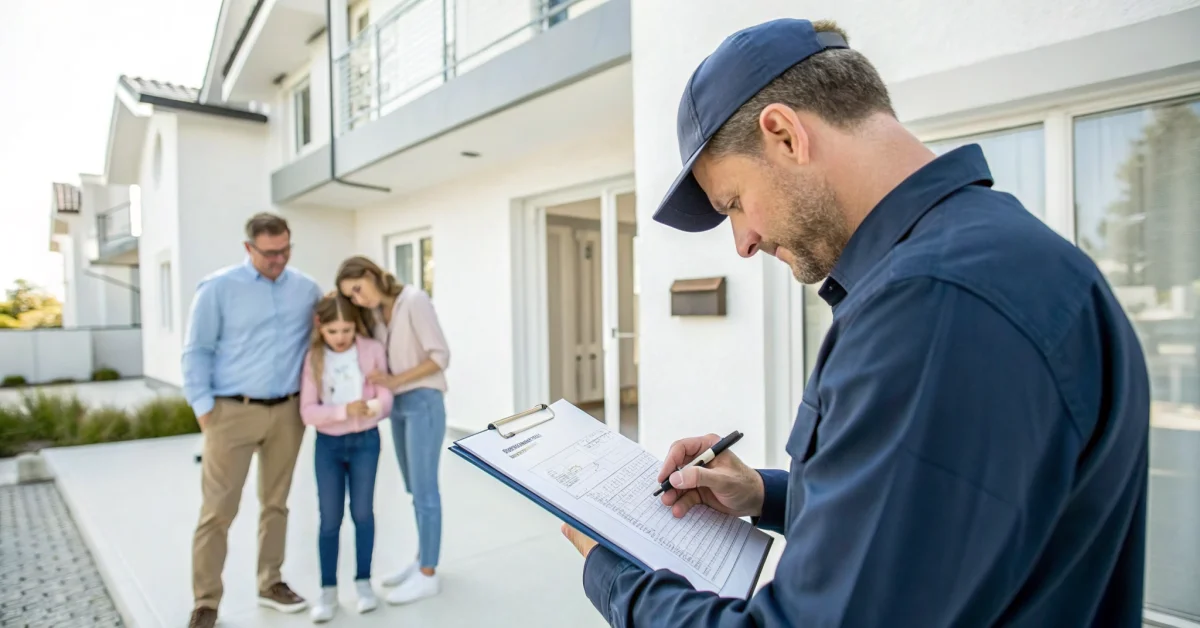 PMT survey field officer recording household asset details, examining property documents with family, showing income verifica