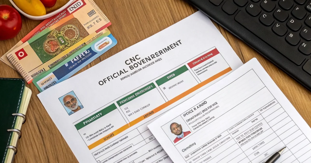 Stack of official government documents including CNIC cards, property papers, income certificates, utility bills arranged on 