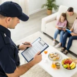 Survey officer in uniform visiting household with clipboard, collecting information from family members sitting at home, offi