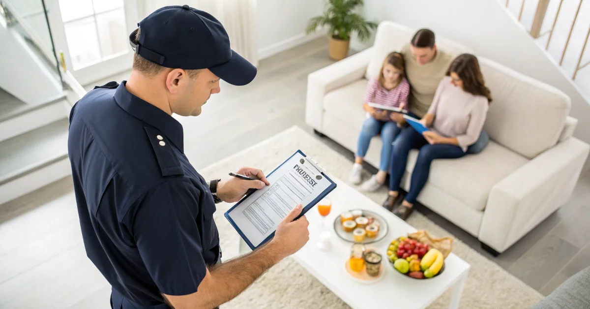 Survey officer in uniform visiting household with clipboard, collecting information from family members sitting at home, offi