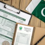 Wide overhead shot of organized government documents including CNIC, family registration certificate, utility bills, and inco
