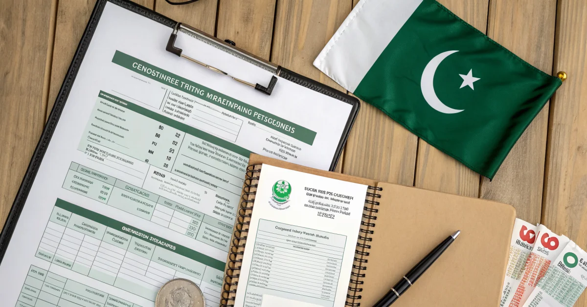 Wide overhead shot of organized government documents including CNIC, family registration certificate, utility bills, and inco