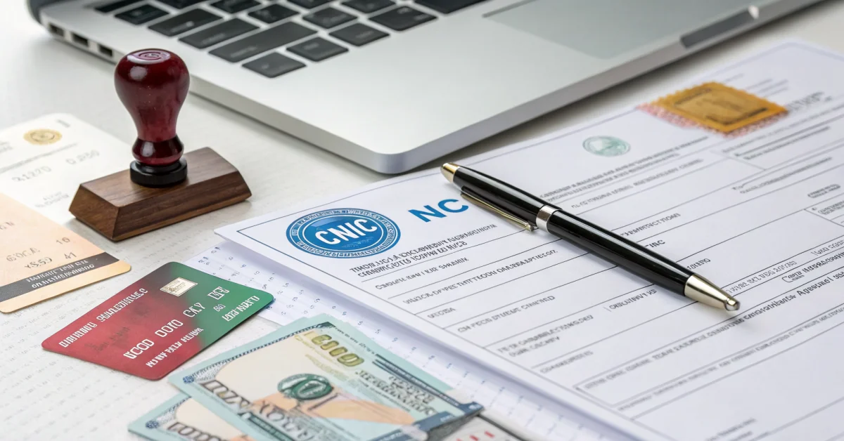 Close-up of CNIC card and NSER registration form on desk with verification checklist, official stamps and documents scattered