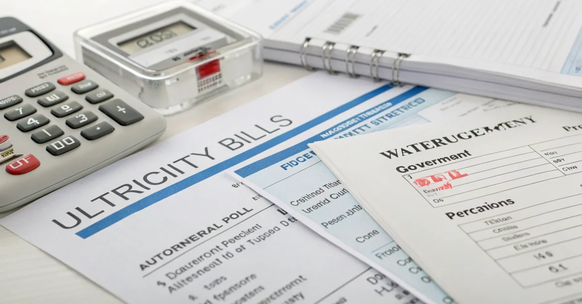Close-up of utility bills and household documents spread on table, electricity meter, water bill, government forms, verificat