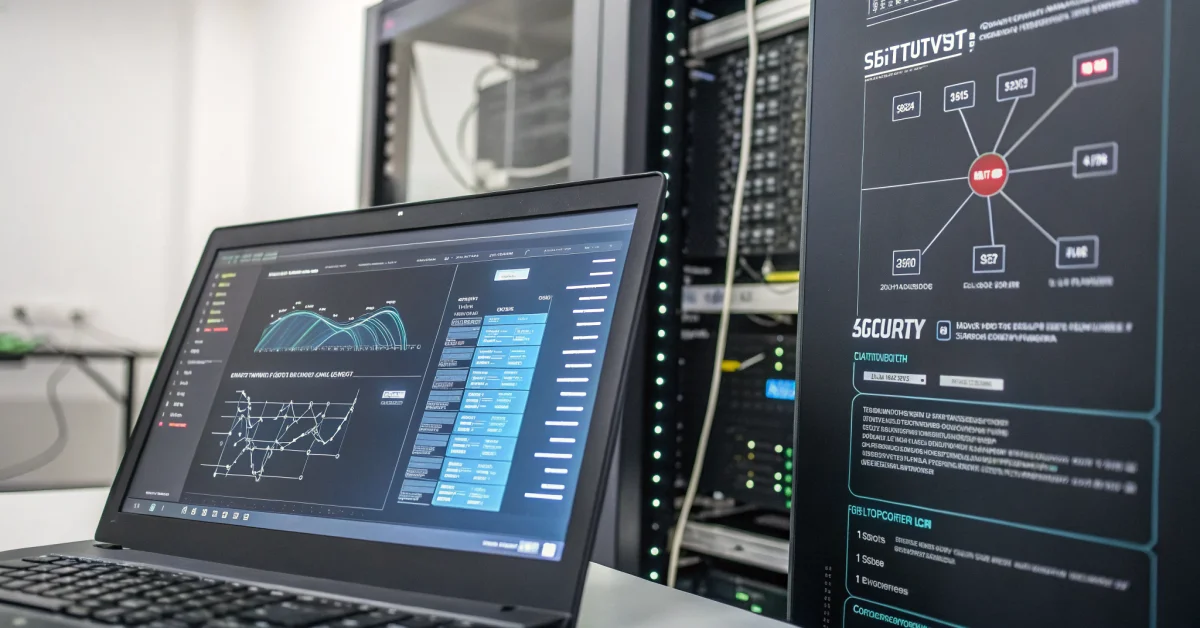 Digital dashboard screen showing data matching algorithm, network connections between databases, computer system displaying v