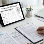Government official reviewing household data forms and computer records at desk, documents and tablet showing registration in