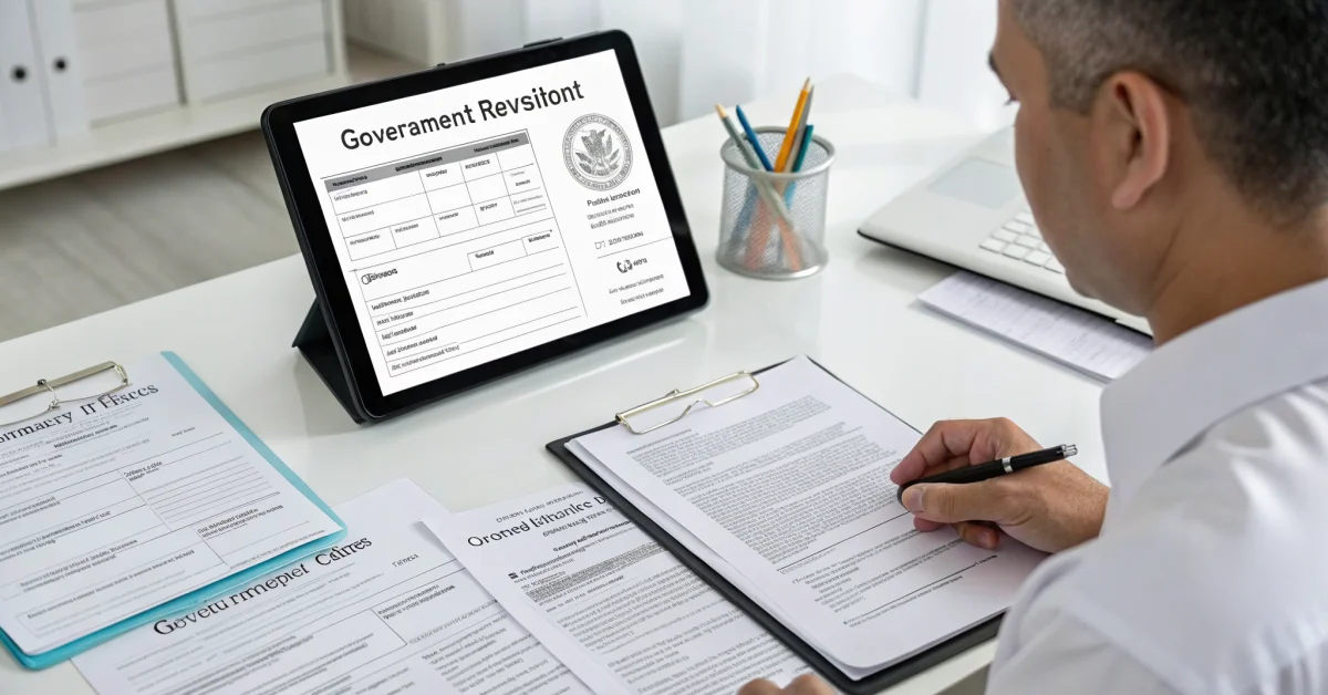 Government official reviewing household data forms and computer records at desk, documents and tablet showing registration in