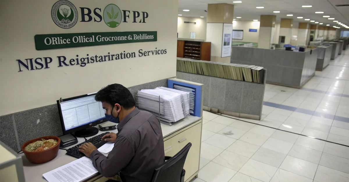 Pakistani government office worker processing NSER registration documents with computer, official BISP signage visible, organ